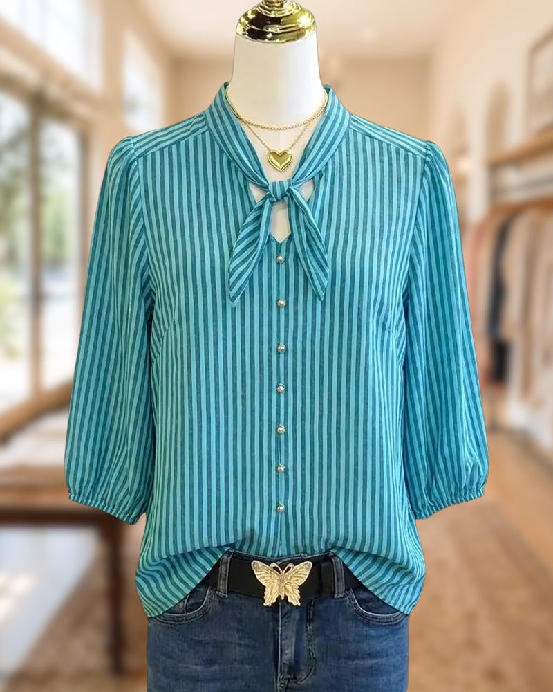 Tie Neck Striped Button Front 3/4 Sleeve Casual Blouse