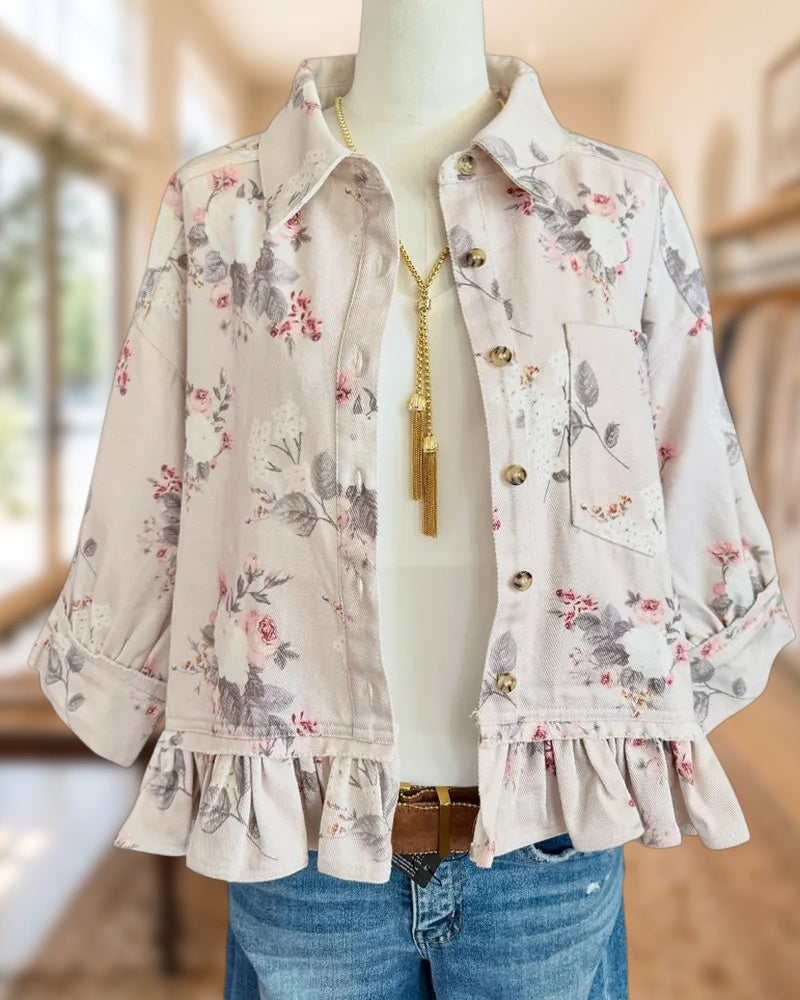 Floral Print Ruffled Hem 3/4 Sleeve Button Front Jacket