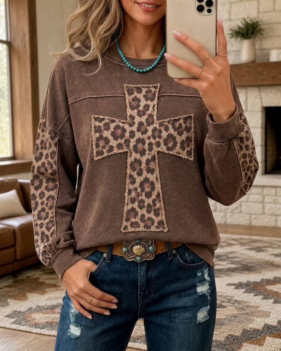 Leopard Cross Applique Crew Neck Long Sleeve Sweatshirt