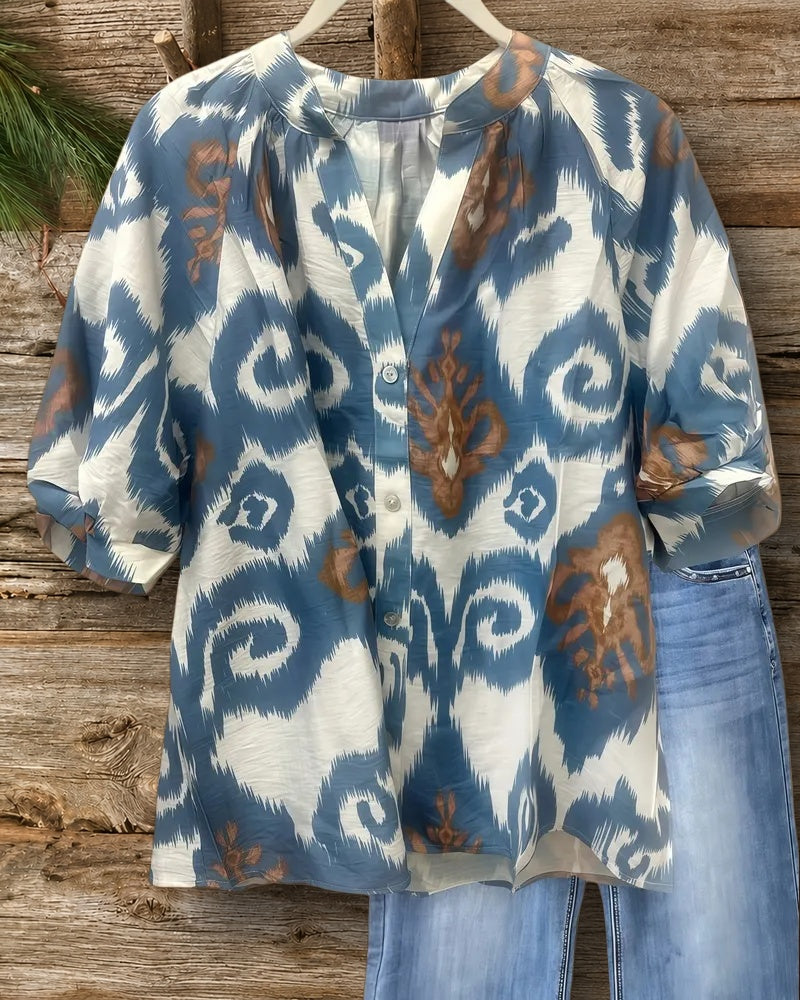 Tribal Print V Neck Button Up Simple Blouse