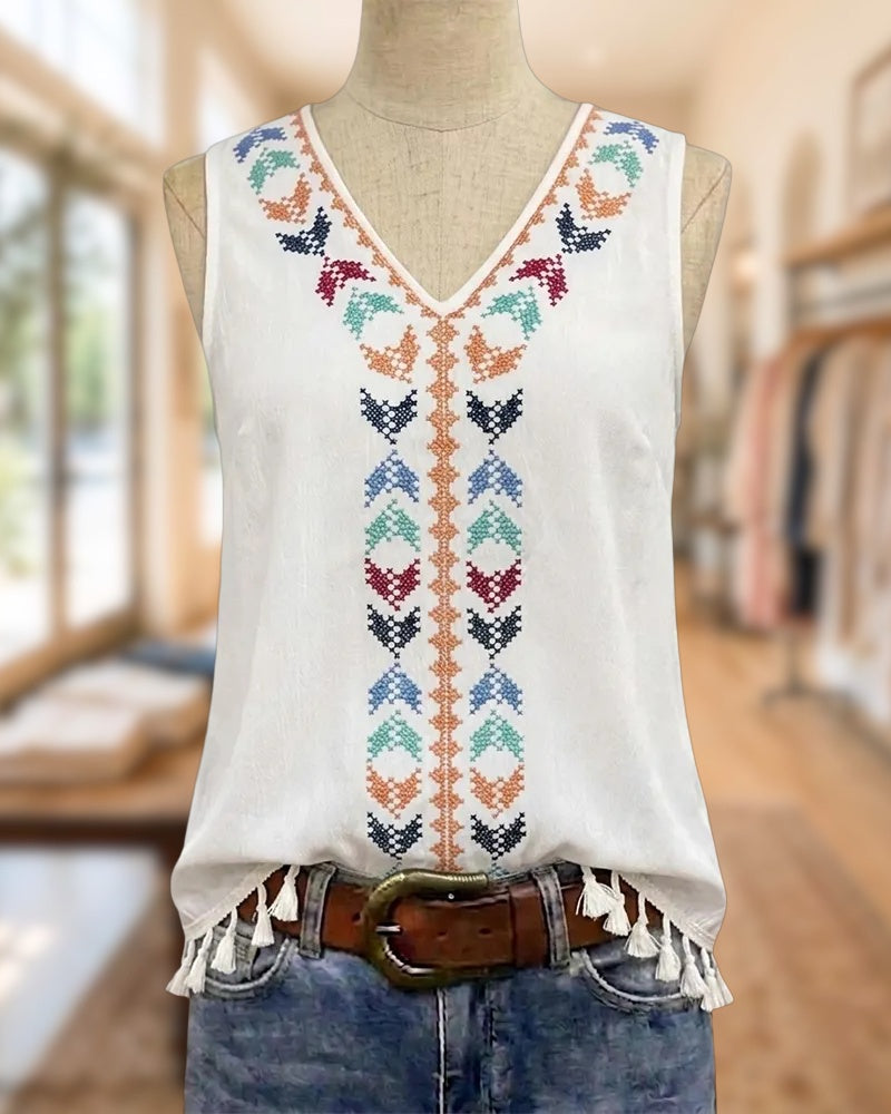 V Neck Embroidery Tassel Hem Sleeveless Casual Tank Top