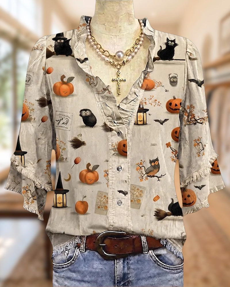 Halloween Print Button Front Tassels Trim V Neck Blouse