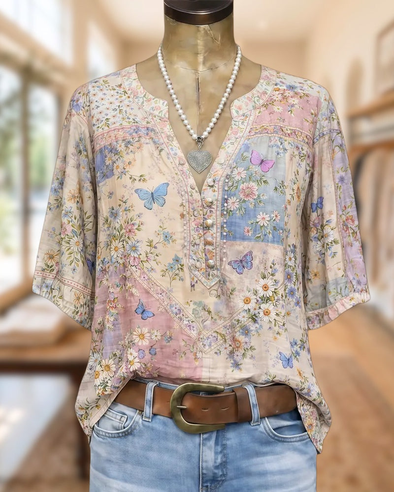 Butterfly & Floral Print Stylish V Neck Blouse