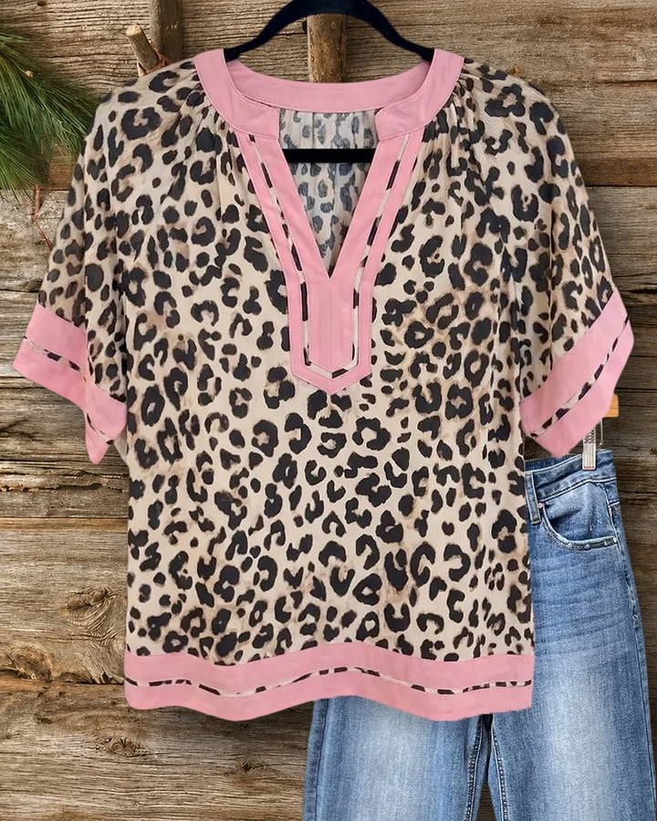 Leopard Print Contrast Trim V Neck Short Sleeve Blouse