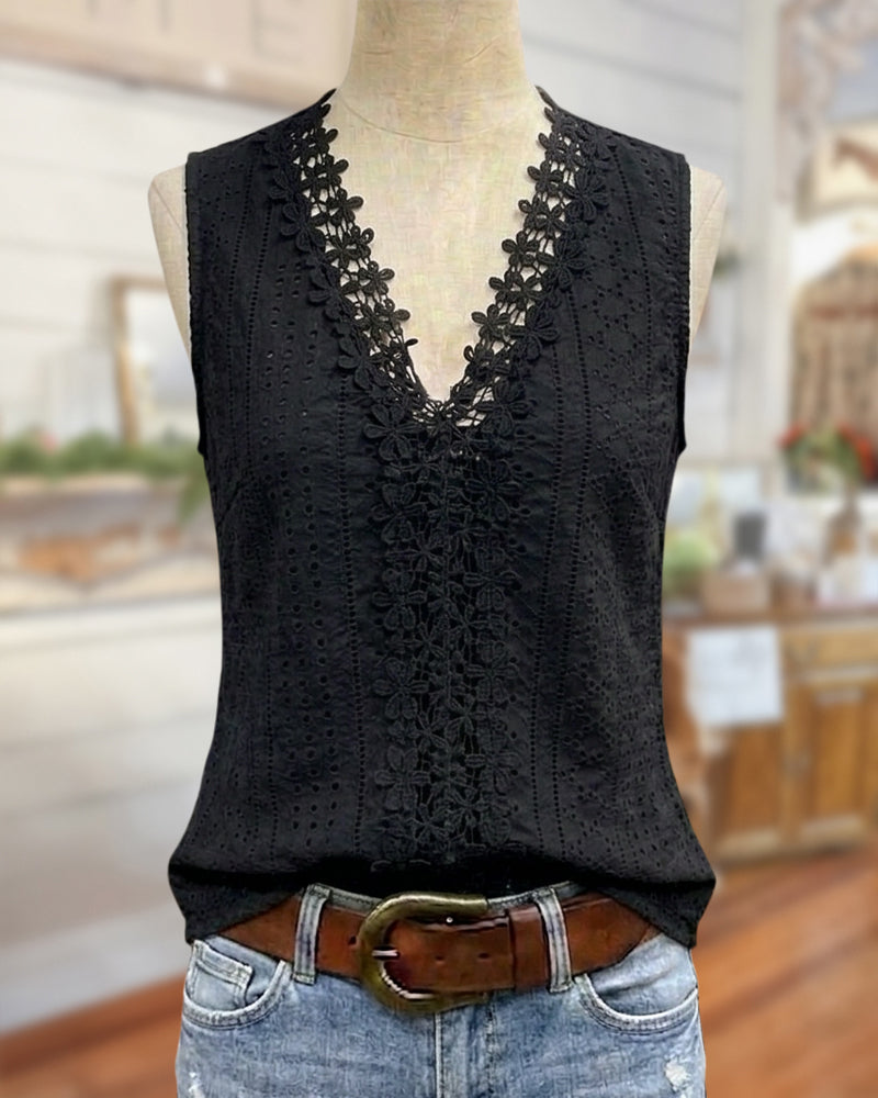 V Neck Lace Trim Eyelet Embroidery Sleeveless Casual Tank Top