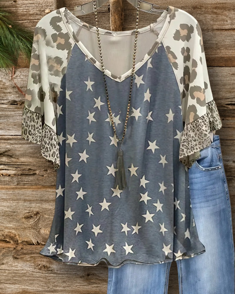 Leopard & Star Print Casual Raglan Sleeve T-Shirt