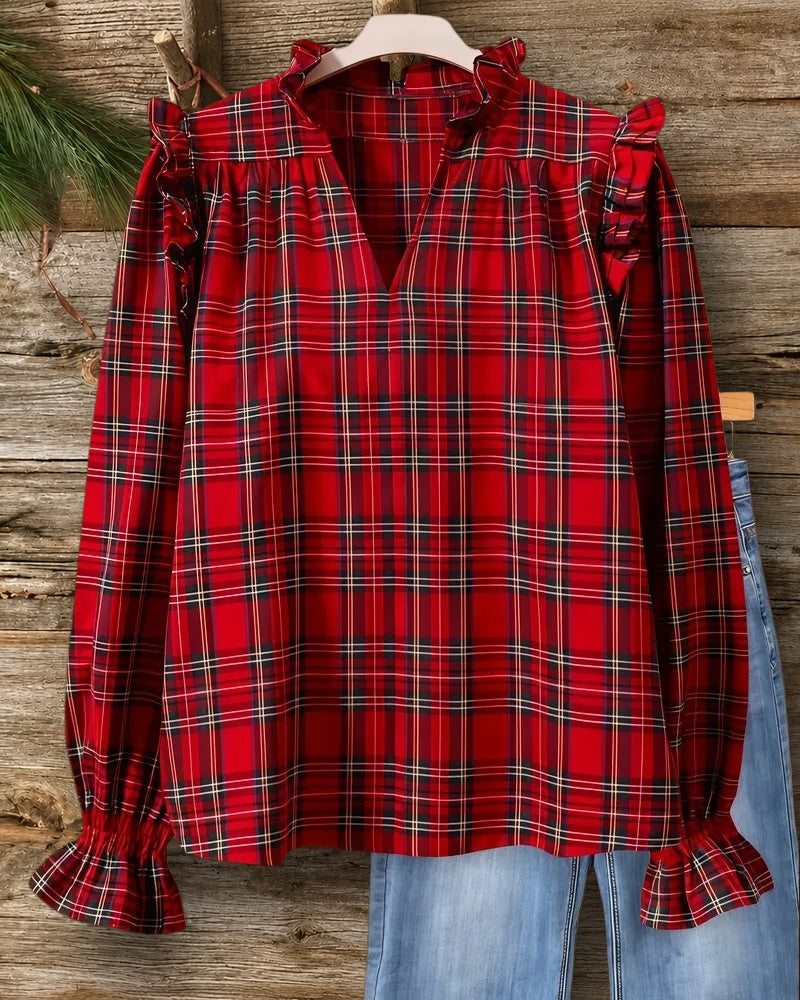 Plaid Smart Ruffled Shoulder Puff Sleeve Blouse