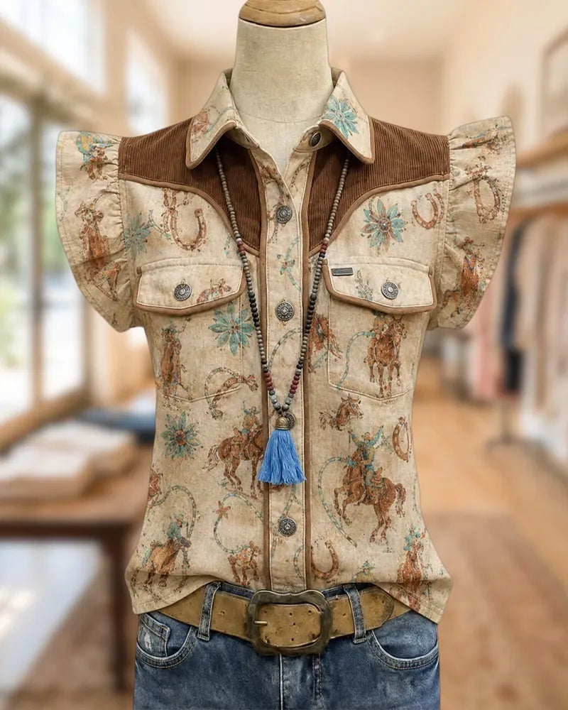 Western Print Button Up Flutter Sleeve Contrast Yoke Shirt