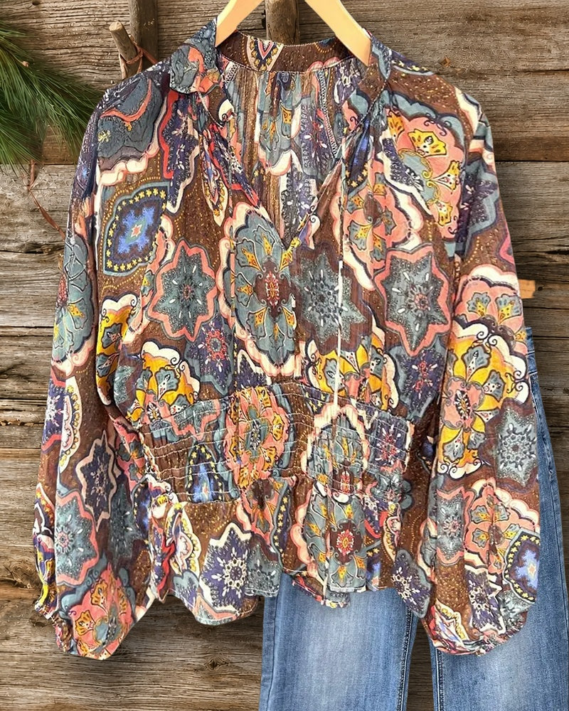 Floral Print Ethnic Lantern Sleeve Peplum Blouse