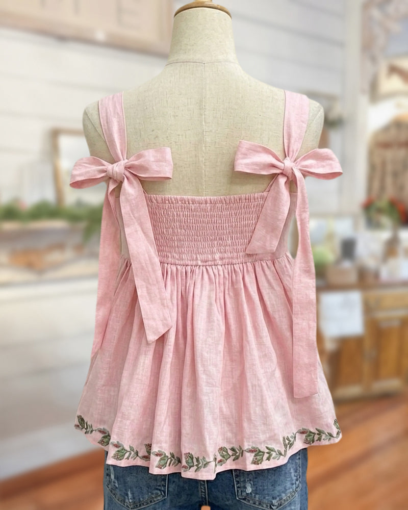 Floral Embroidered Square Neck Pom Trim Peplum Cami Top
