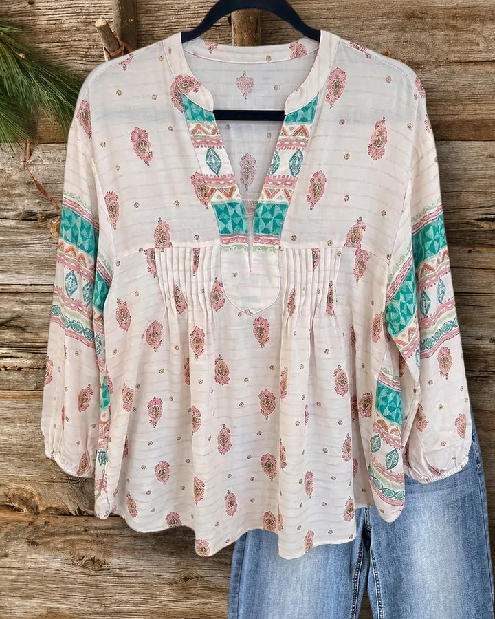 Boho Print Pintuck V-Neck 3/4 Sleeve Casual Loose Blouse