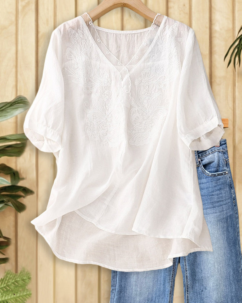Solid Color Floral Embroidery Glamorous V Neck Blouse