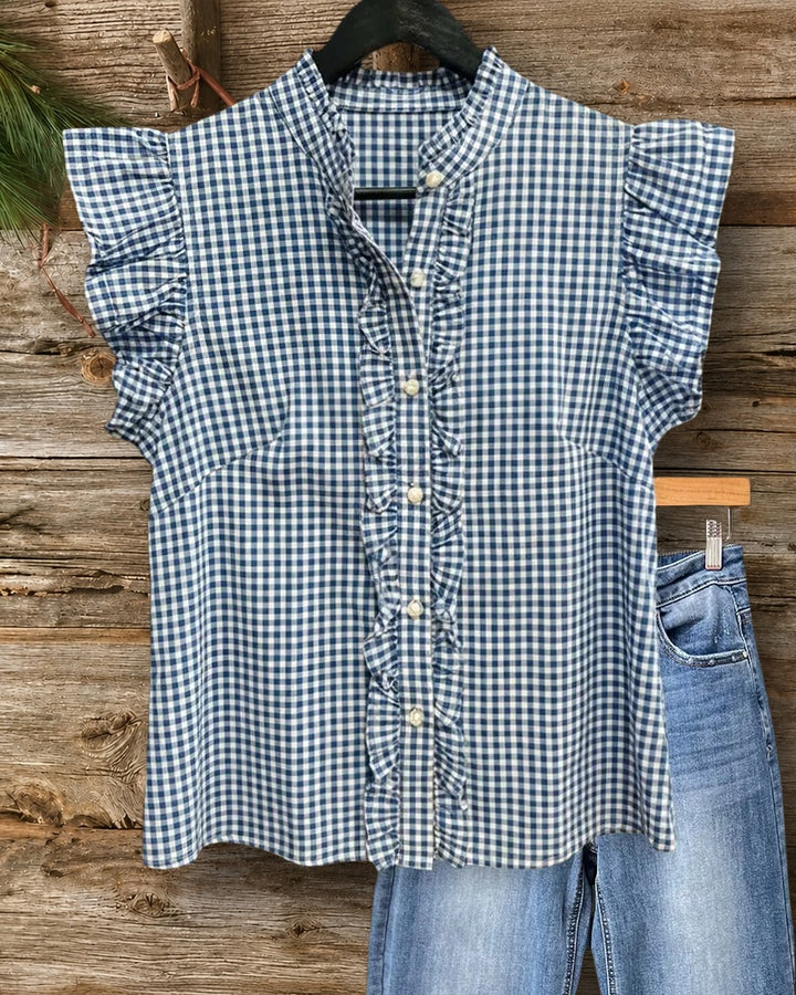 Ruffled Placket Ruffle Sleeve Stand Collar Casual Gingham Blouse