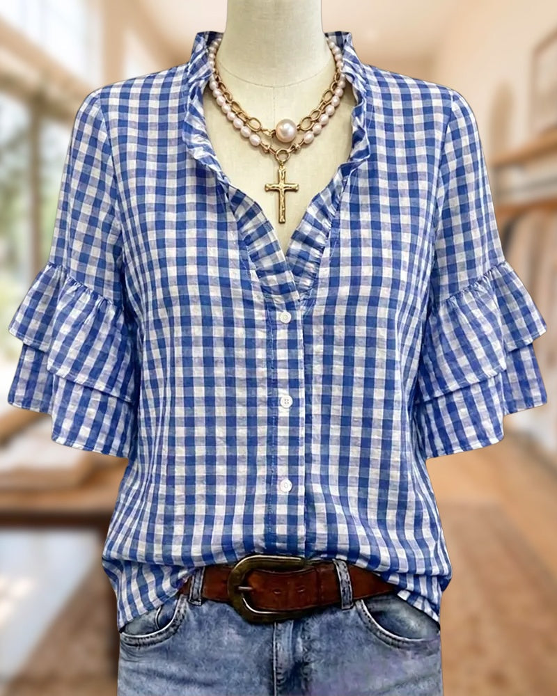 Gingham Tiered Ruffle Sleeve Button Front Casual Blouse