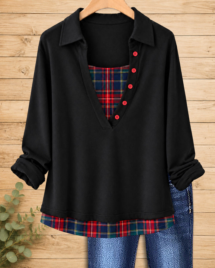Fake Two Piece Polka Dot Contrast Buttoned Collared Long Sleeve Top