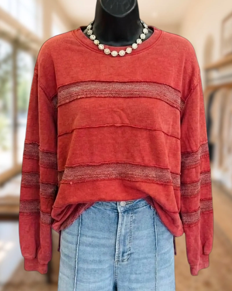 Crew Neck Textured Stripe Raw Edge Loose Long Sleeve Sweatshirt