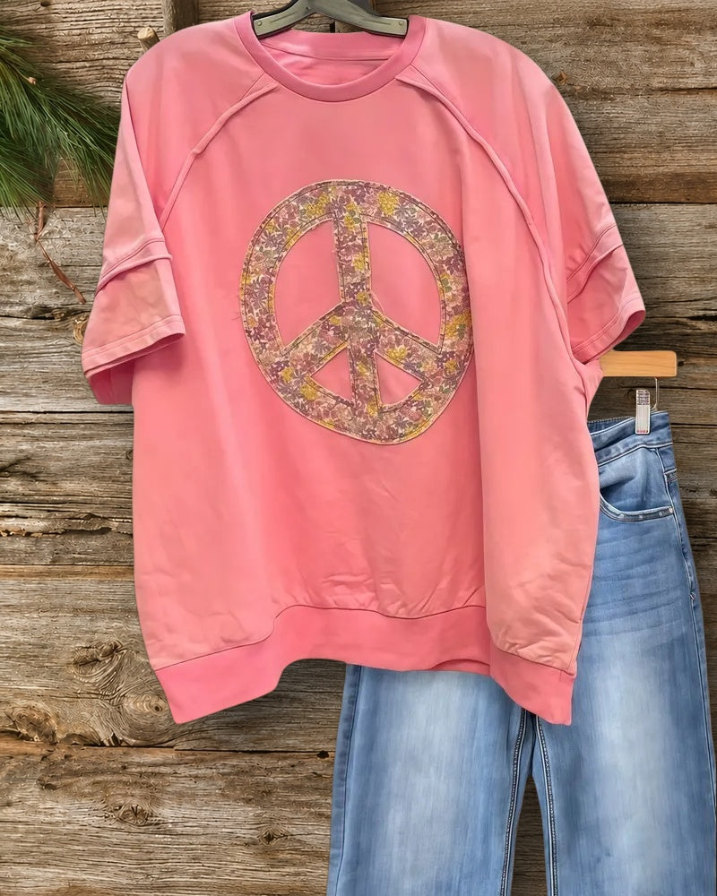 Printed Peace Applique Patchwork Casual Round Neck T-Shirt