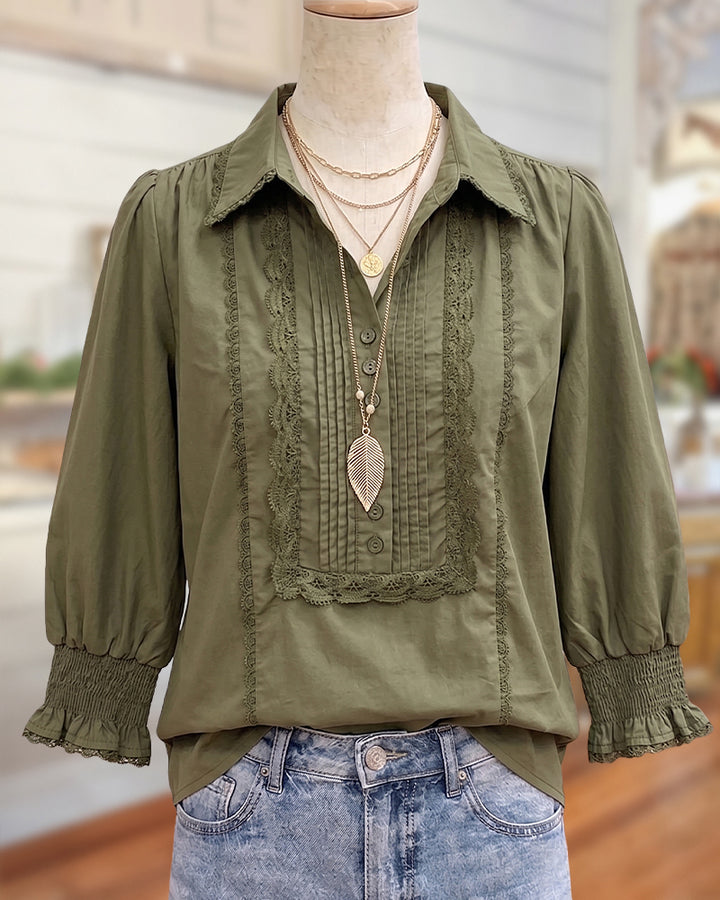 Collared Lace Trim Pleated Front 3/4 Sleeve Blouse