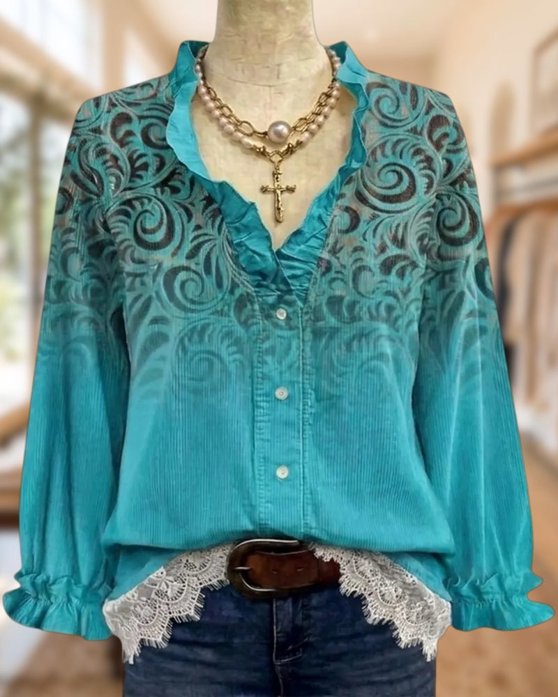 Ruffle Trim V Neck Floral Print Blouse