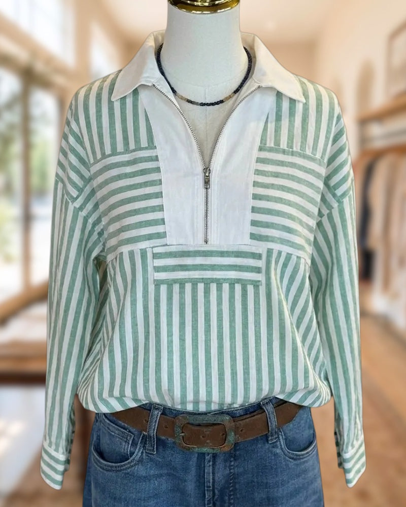 Collared Half Zip Contrast Placket Striped Long Sleeve Blouse