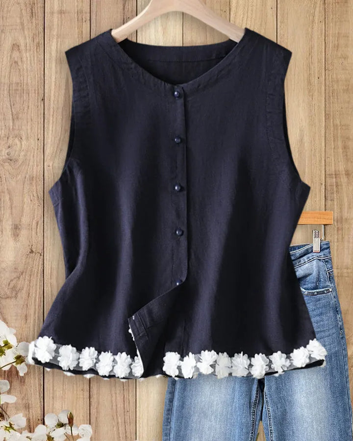 Sleeveless Button Front 3D Floral Trim Casual Tank Top