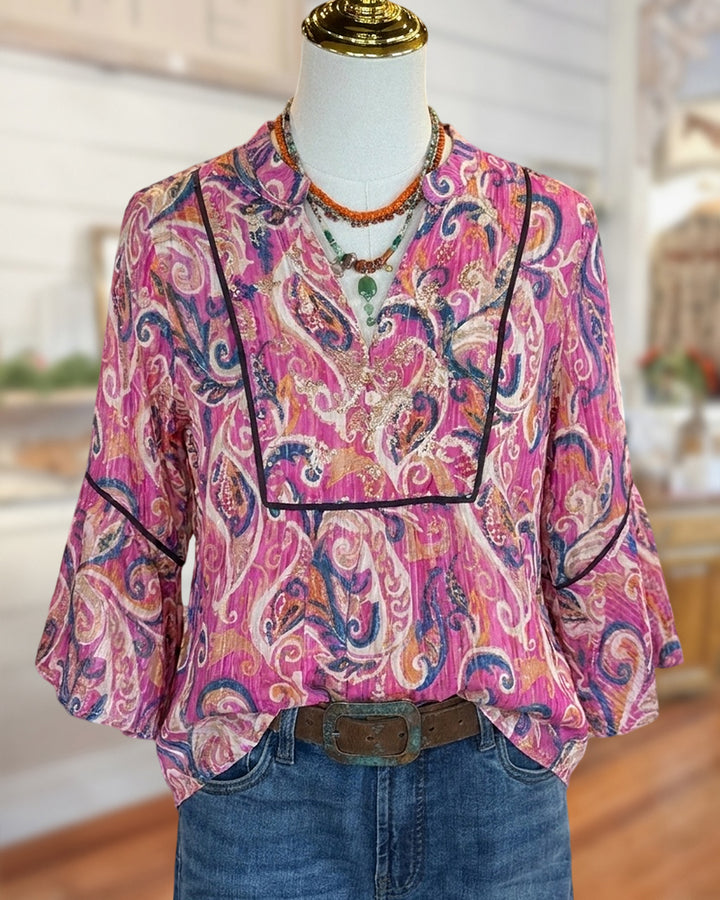 Paisley Print Bell Sleeve V Neck Contrast Piping Blouse