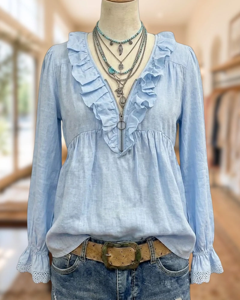 Ruffle Trim Zip V Neck Lace Cuff Solid Color Relaxed Blouse