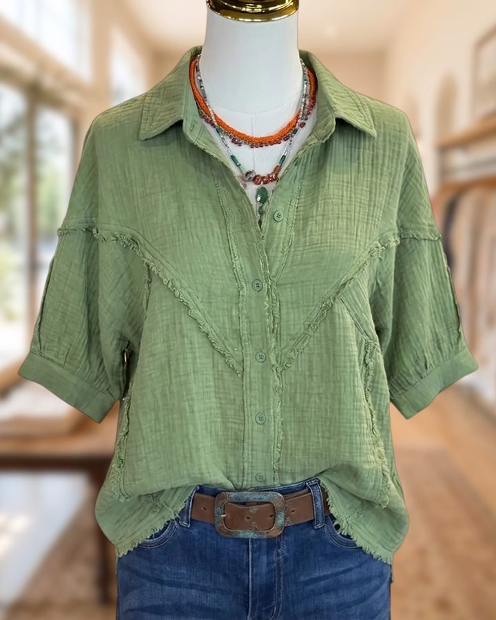 Frayed Trim Lapel Button Shirt