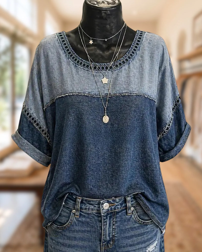 Contrast Panel Cutout Trim Short Sleeve Loose Casual Top