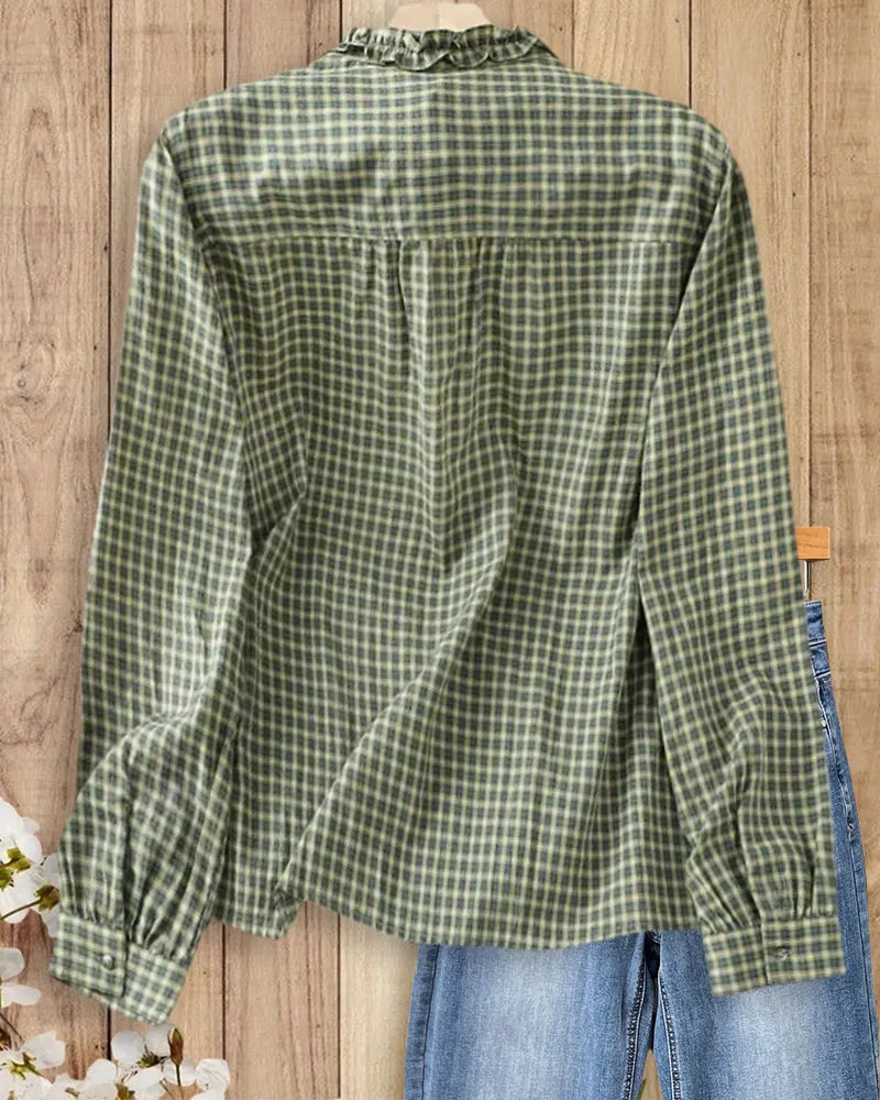 Plaid Ruffle Trim Long Sleeve Relaxed Fit Casual Blouse