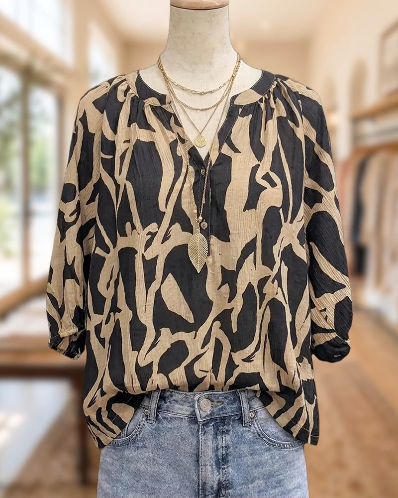Abstract Print V Neck Henley 3/4 Sleeve Flowy Blouse