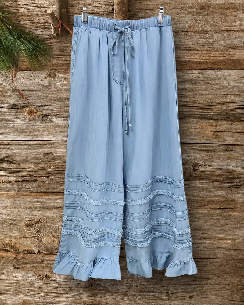 Solid Color Sweet Wide Leg Ruffled Jeans