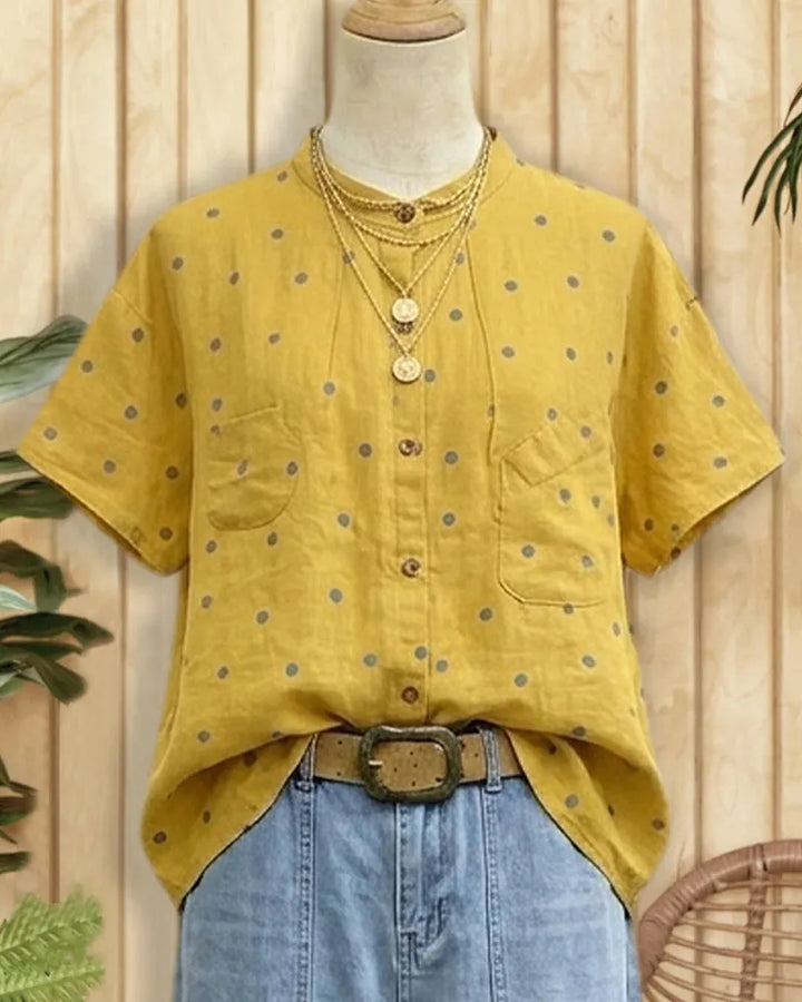 Polka Dot Stand Collar Short Sleeve Button Up Shirt