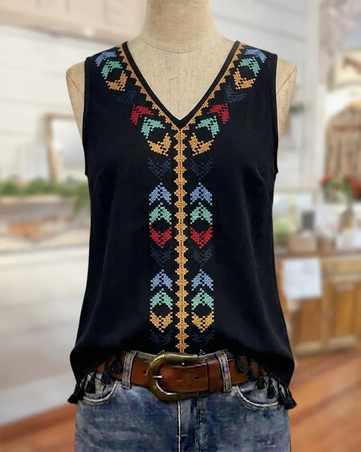 V Neck Embroidery Tassel Hem Sleeveless Casual Tank Top