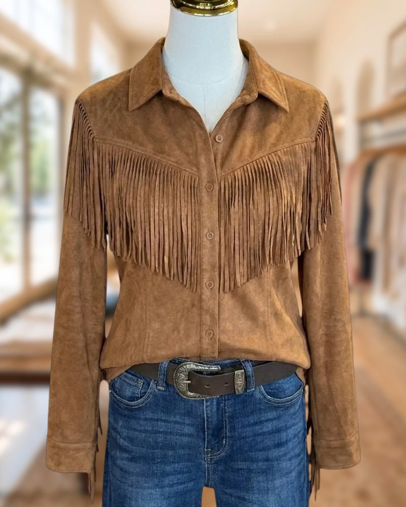 Fringe Accent Button Front Long Sleeve Western Casual Shirt