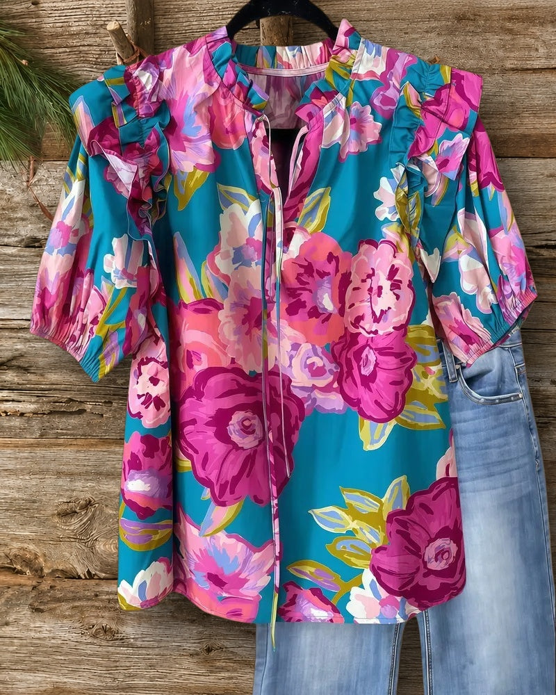 Floral Print Romantic Tie Neck Ruffled Shoulder T-Shirt
