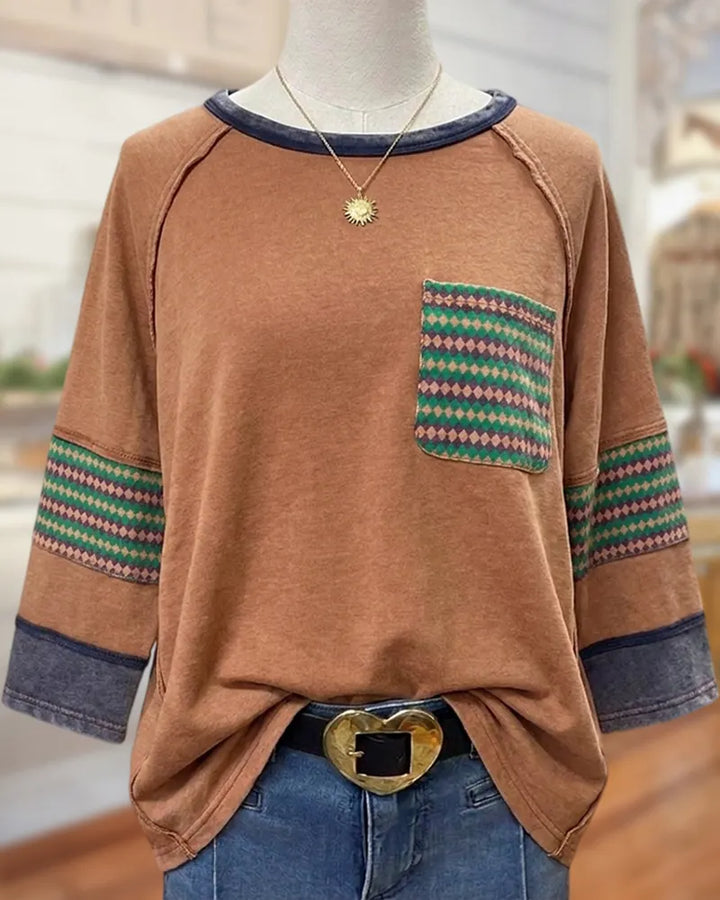 Patchwork Geometric Crew Neck Raglan Sleeve Casual Sweatshirt