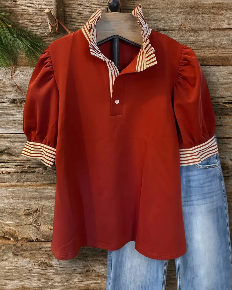Striped Trim Puff Sleeve Commuting Blouse