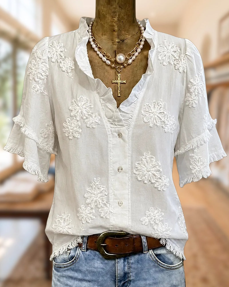 Floral Embroidered Ruffled V Neck Tiered Sleeve Button Front Blouse