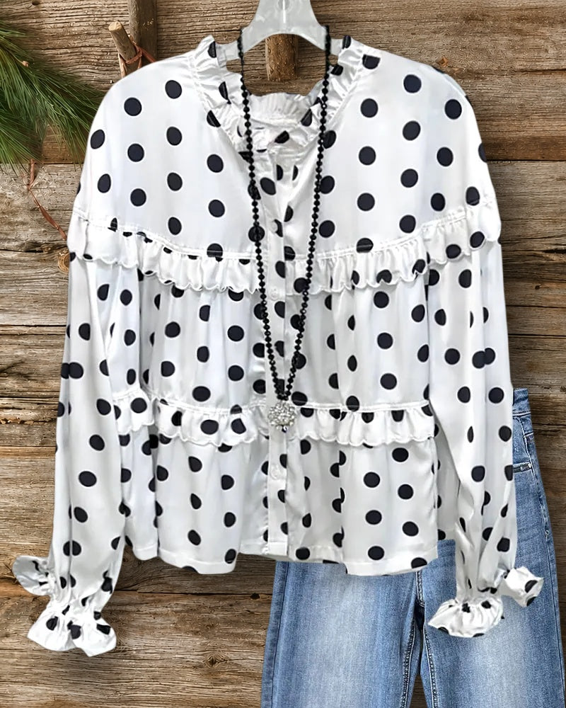 Polka Dot Ruffled Tiered Button Front Long Sleeve Blouse
