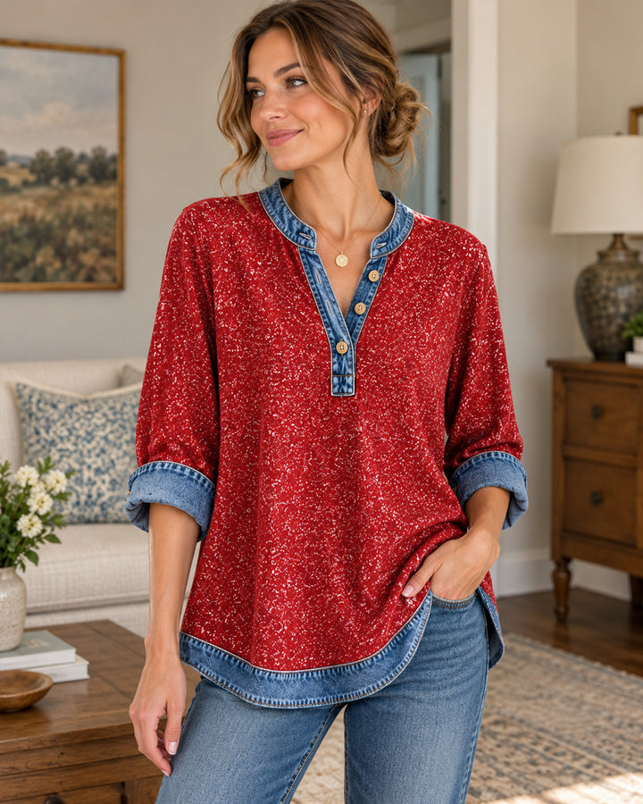 Denim Trim Henley Placket Roll Cuff Loose Casual Blouse