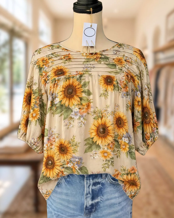 Sunflower Print Pleated Detail On-trend Round Neck Blouse