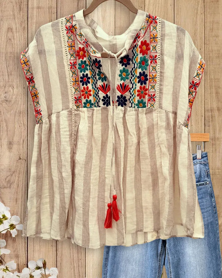 Striped Floral Embroidered Tie Neck Cap Sleeve Loose Blouse