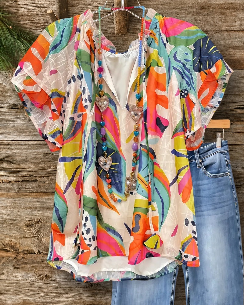 Floral Print Tropical Tie Neck Blouse