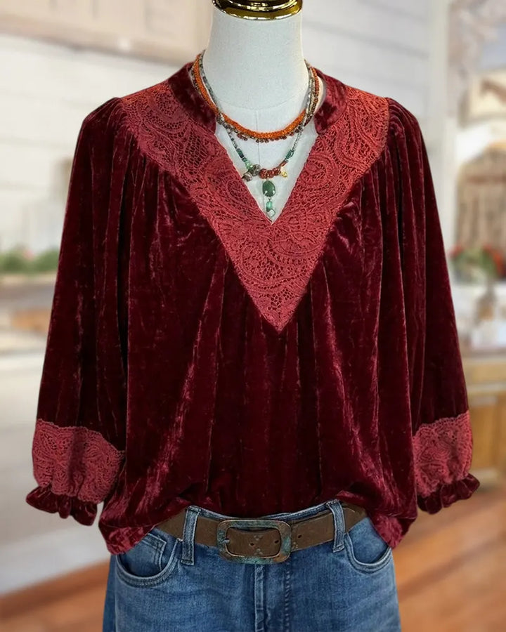 Lace Trim Neck Velvet Ruffled Cuffs Blouse