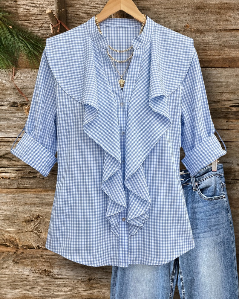 Ruffled Front Gingham Rolled Cuff Stand Collar Button Down Blouse