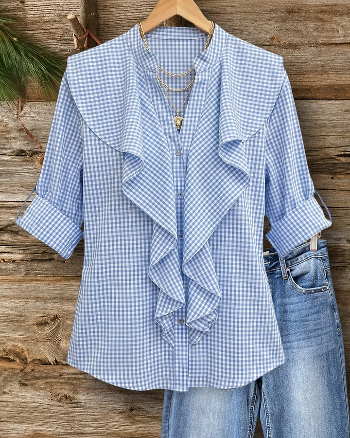 Ruffled Front Gingham Rolled Cuff Stand Collar Button Down Blouse