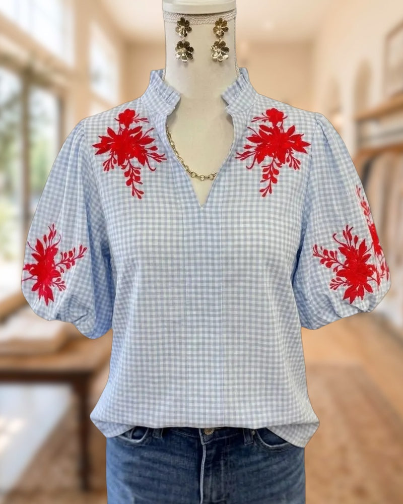 Gingham Floral Embroidery Puff Sleeve V Neck Breezy Blouse