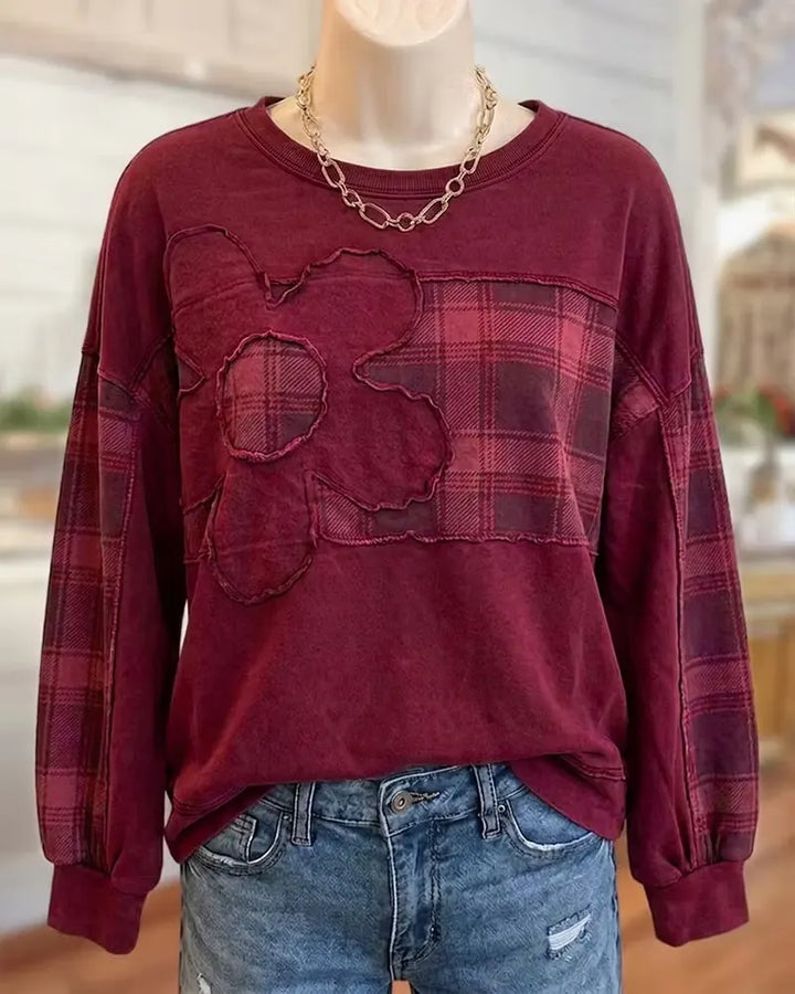 Raw Edge Floral Applique Camo Panel Crew Neck Sweatshirt