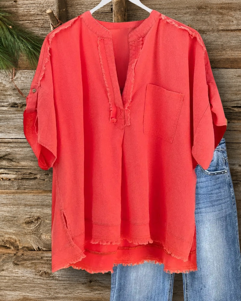Solid Color V Neck Simple Frayed Shirt